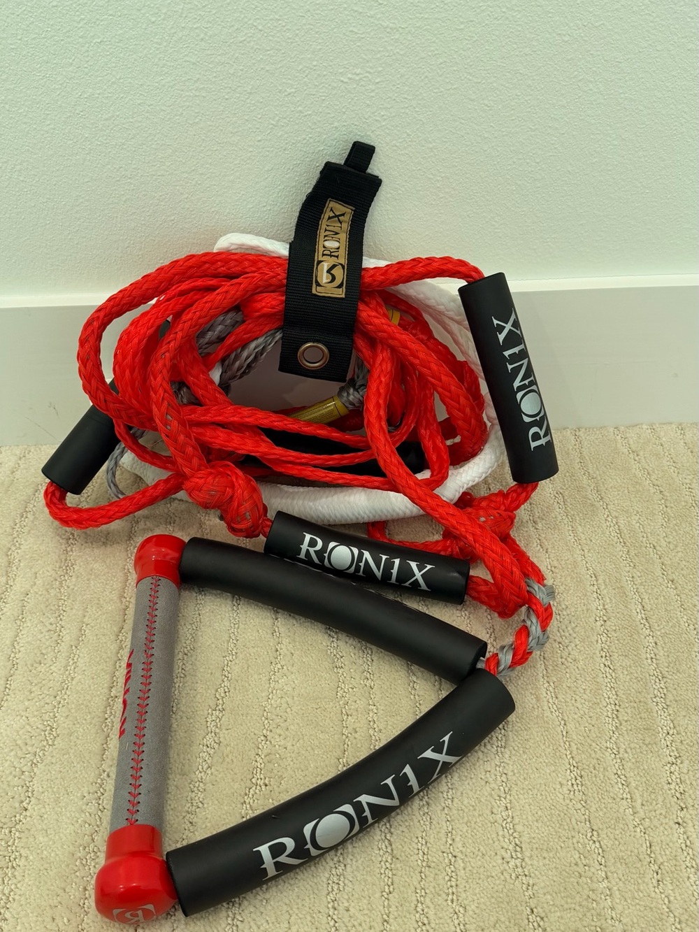 Red and White Wakeboard Rope with Black Handle
